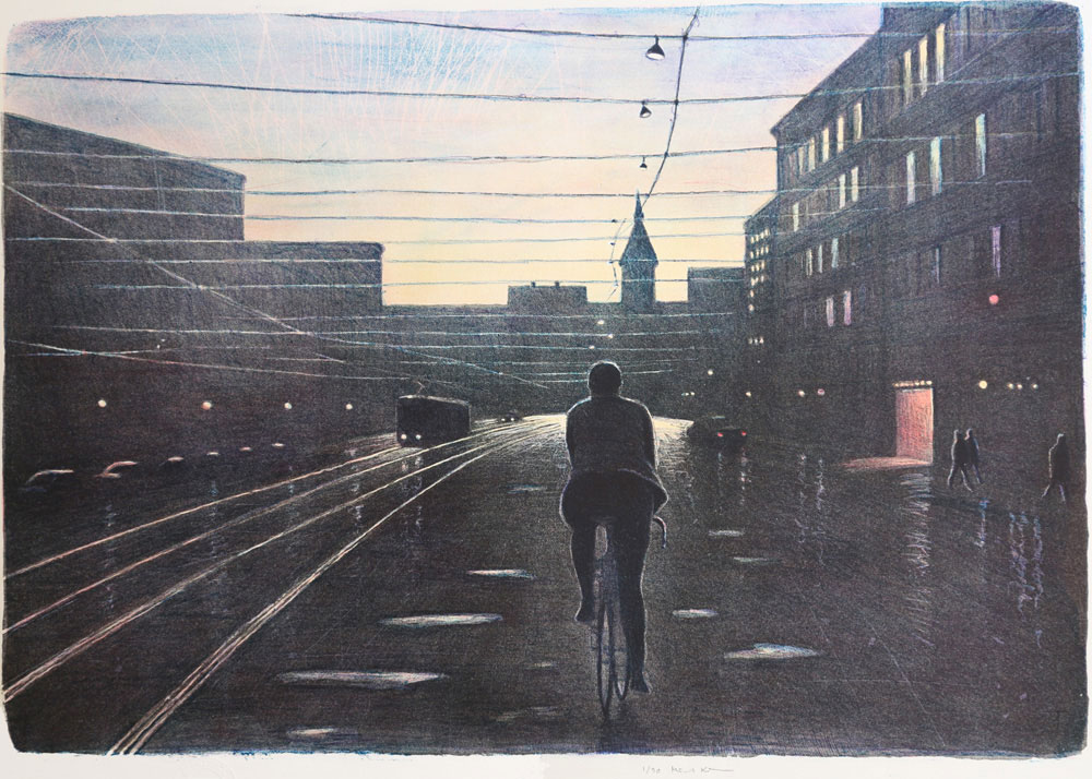 Evening Cyclist - Lithograph by Mikael Kihlman