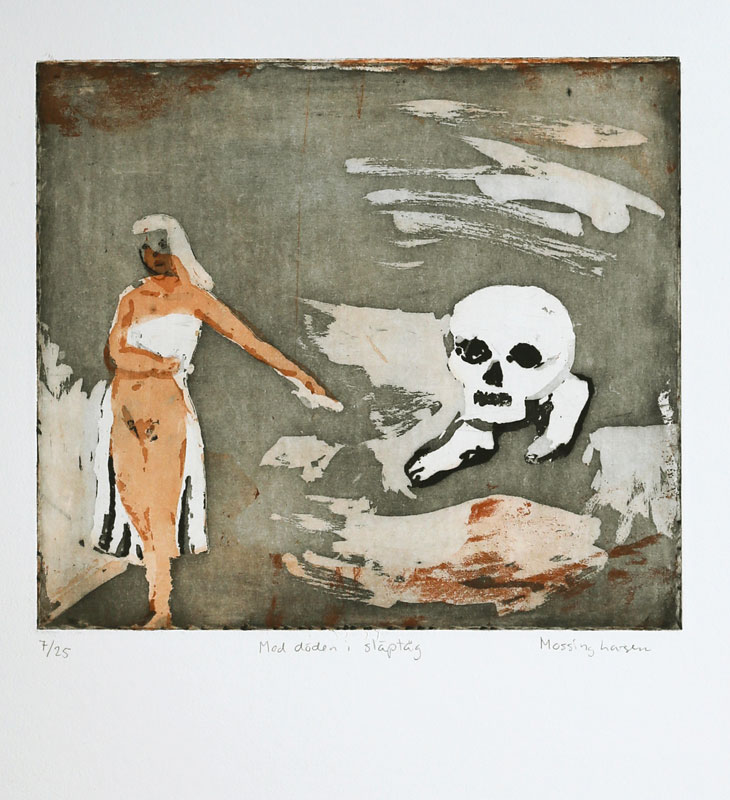 Aquatint etching Walking with Death by Eva Mossing Larsen