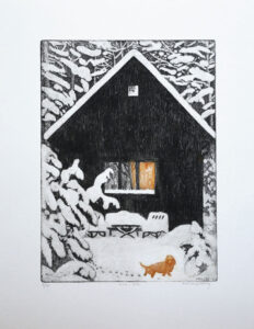 Etsning Tassar i snön av Eva Holmér Edling.