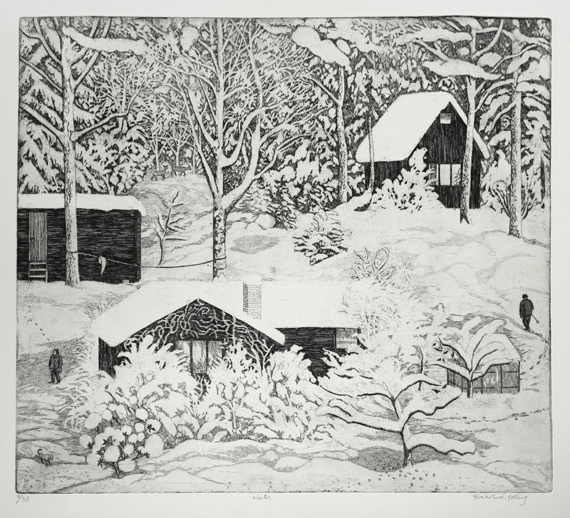 Etsning Vinter av Eva Holmér Edling.