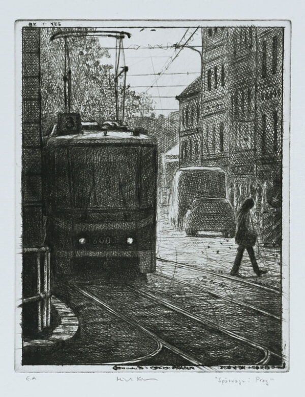 Tram in Prague - Drypoint by Mikael Kihlman.