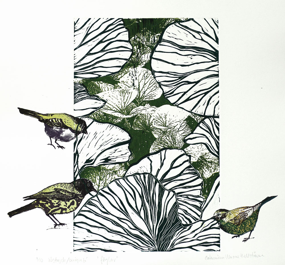 Birds - Linocut/Serigraph by Catharina Warme Hellström.