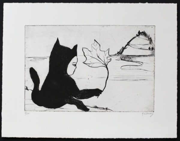 Cat with a Leaf - Drypoint by Katarina Lönnby.