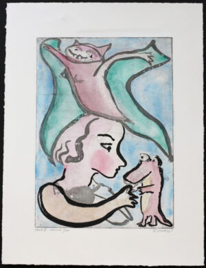 Self-portrait with Crocodile - Hand colored etching by Katarina Lönnby.