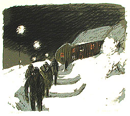 Litografi På väg till gruvan av Alvar Jansson.