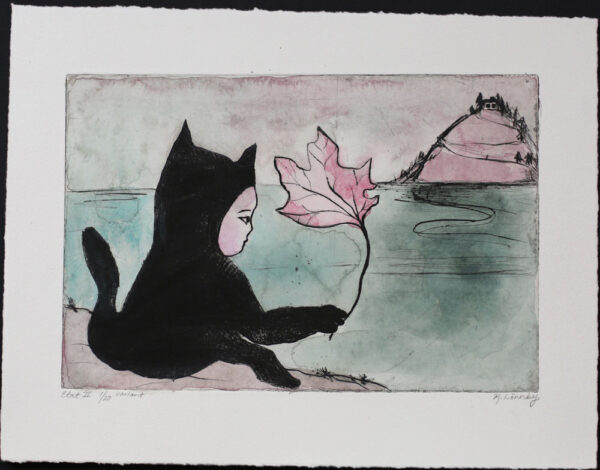 Cat with a Leaf - Hand-colored drypoint by Katarina Lönnby.