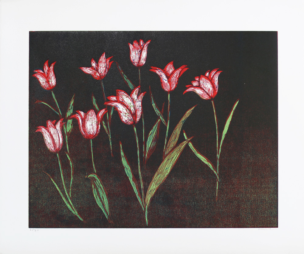 Red Tulips - Woodcut by Peter Ern.