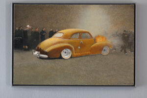 John E Franzén´s painting The Visitor #1, 2004-2012, 49x72 cm, oil on canvas. A car on fire.