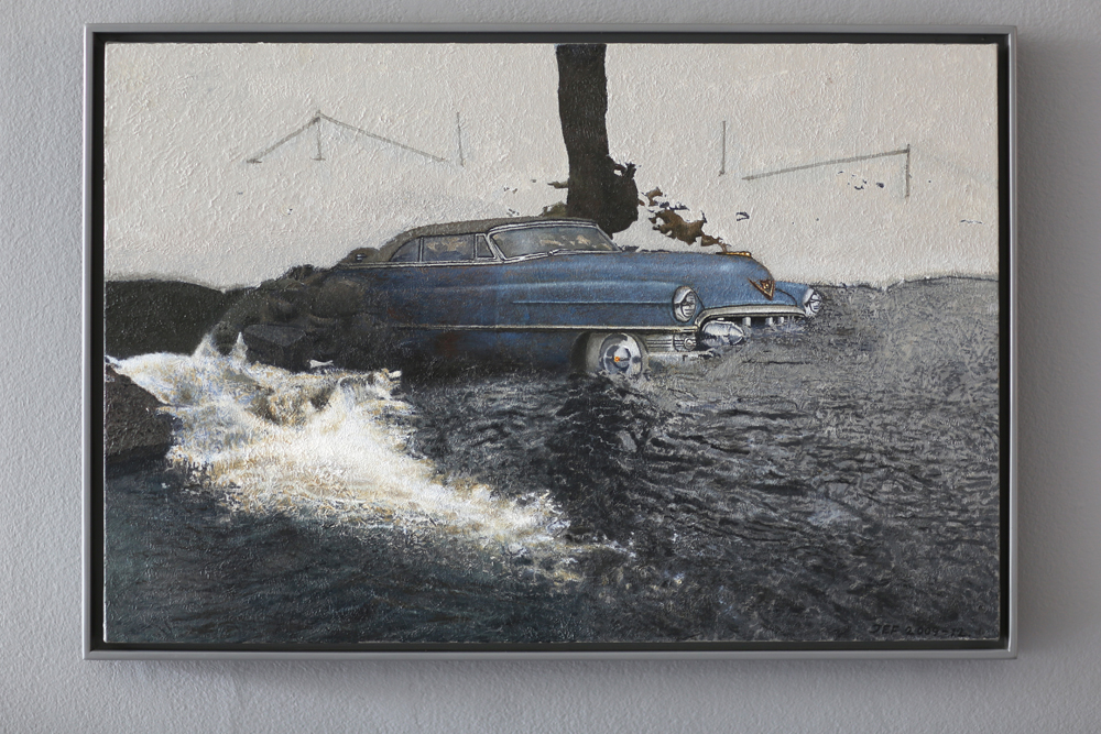 John E Franzéns målning Besökaren #3, 2004-2012, en bil i vattenmassor.