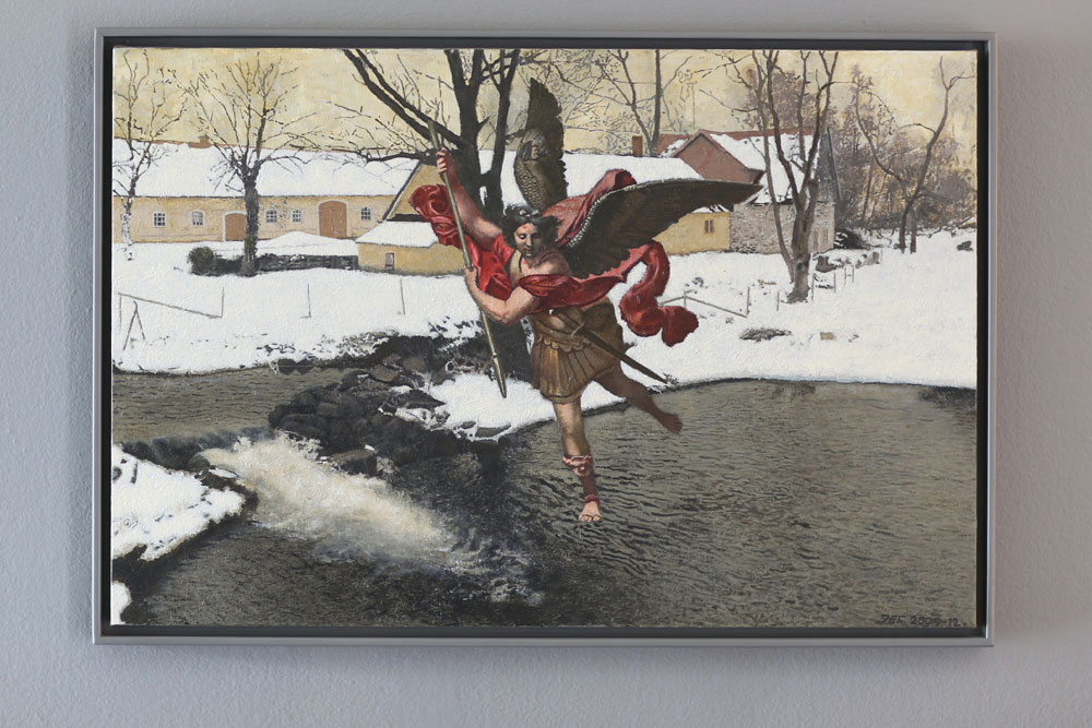 John E Franzéns målning Besökaren #4, 2004-2012, 49x72 cm, en ängel i vinterlandskap.