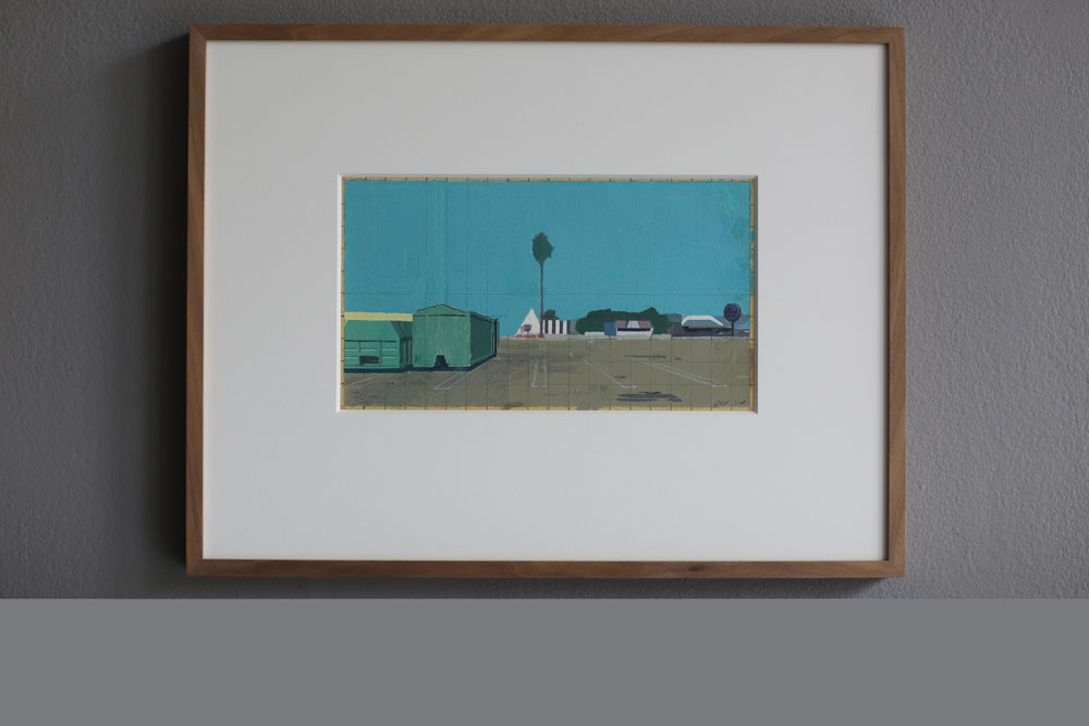 John E Franzéns målning - hus, containrar och en palm, Anaheim.