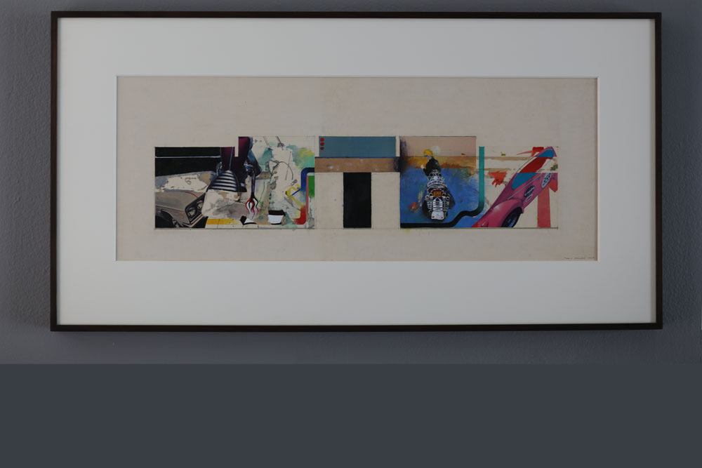John E Franzéns Hojar och bågfolk 1967, 47x91 cm, gouache, collage, blyerts, privat samling.