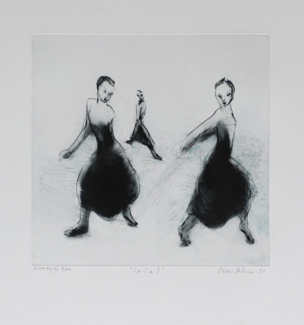 1&2&3 - drypoint by Lisa Andrén - three dancing ladies.