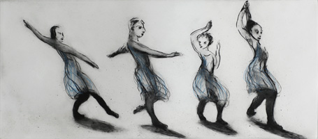 Dance in the Blue Hour - drypoint by Lisa Andrén. Four dancing ladies.