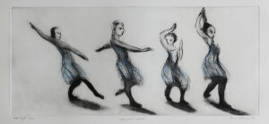 Dance in the Blue Hour - drypoint by Lisa Andrén. Four dancing ladies.