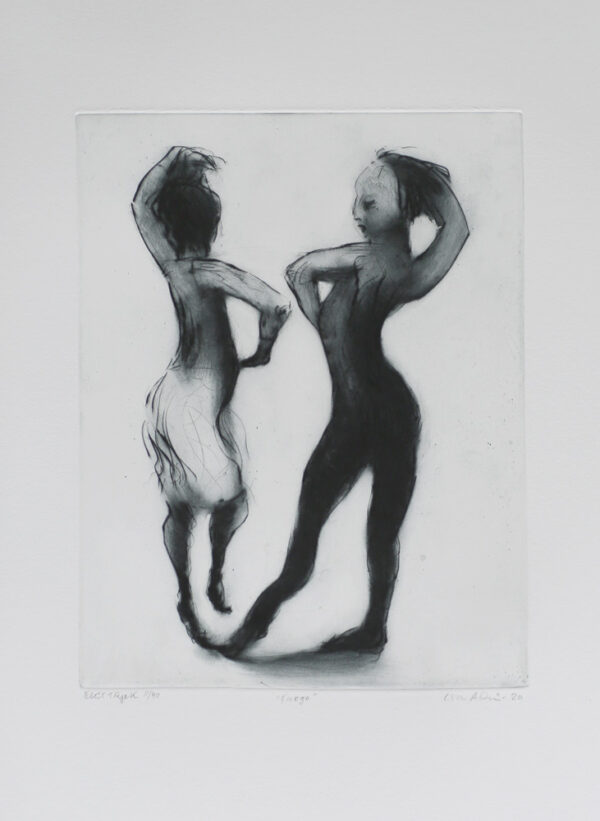 Fuego - drypoint by Lisa Andrén - two dancing ladies.