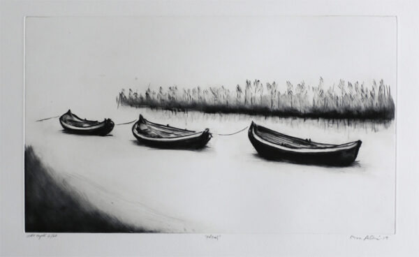 On Sway - drypoint Lisa Andrén - three boats in a row on sway.