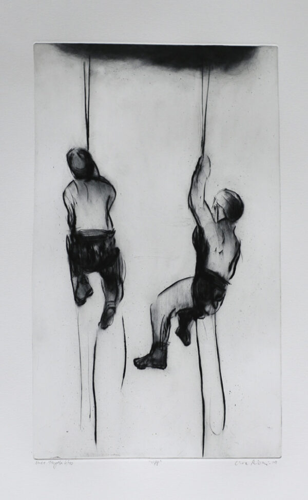 Upward - drypoint by Lisa Andrén. Two men climb a rope.