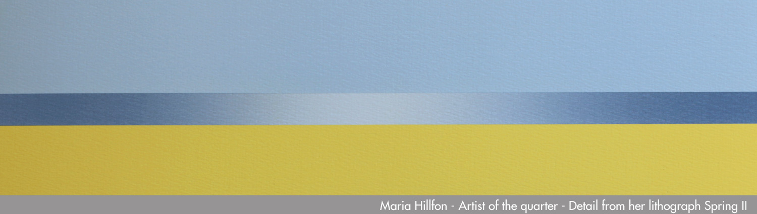 Maria Hillfon - artist of the quarter - detail from her lithograph Spring II. Yellow field with blue sea and sky.